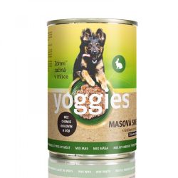 YOGGIES Dog Konzerva pro psy s masovou směsí (kuře, vepřové, hovězí) králíkem a hráškem 1200g