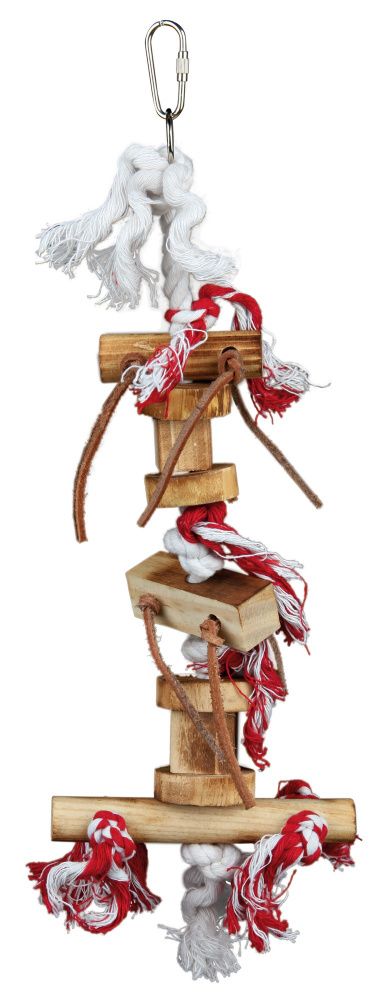 Závěsná dřevěná hračka špalíky s uzlíky a koženými šňůrkami TRIXIE